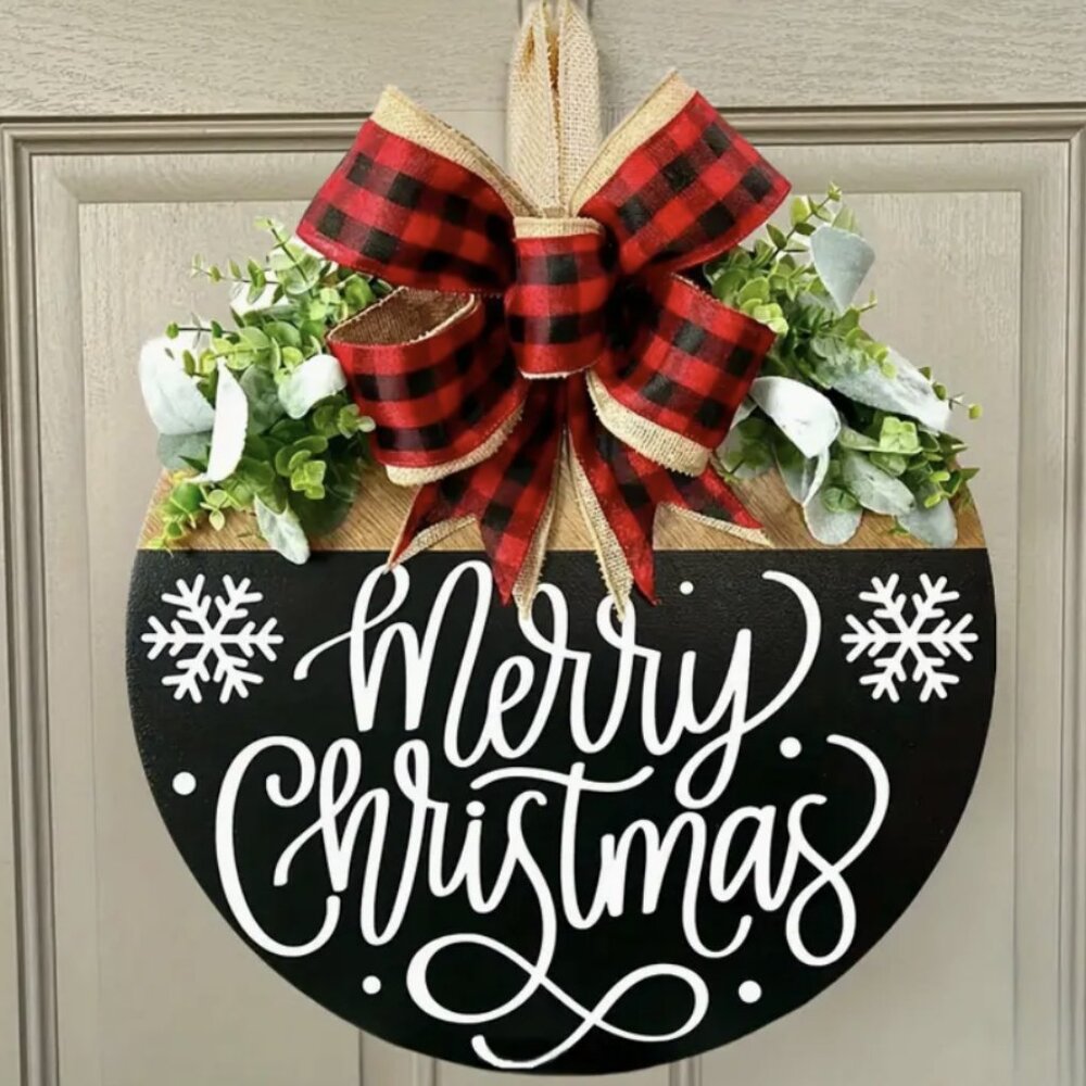 Merry Christmas Rustic Front Door Hanging Sign Festive Holiday Wood Wreath 11.8"